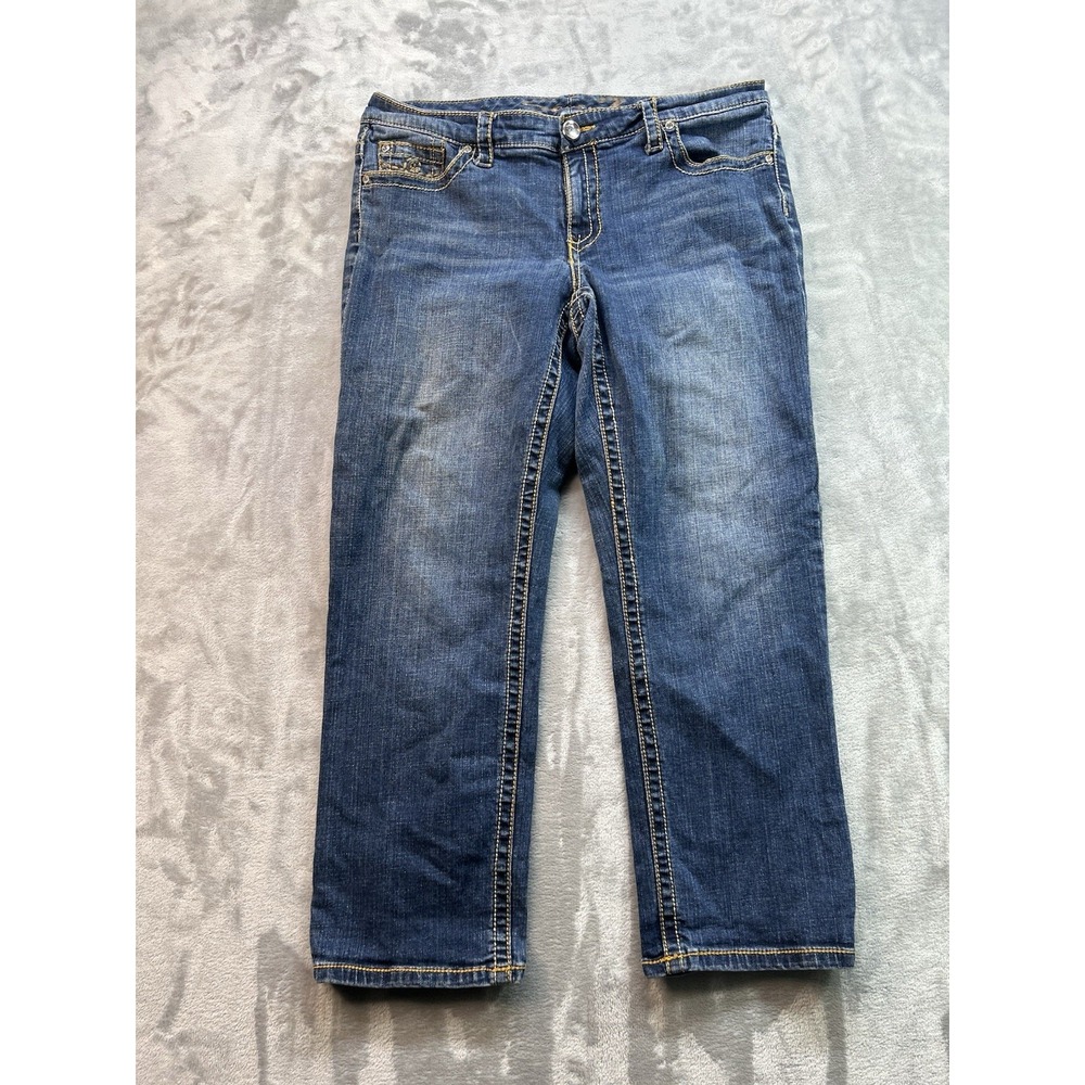 Seven7 Womens Plus Sz 16 Blue Jeans Straight Crop Embroidered Cowgirl Whiskered